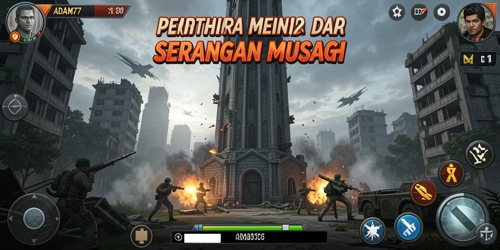 Menampilkan gameplay ADAM77 dengan menara pertahanan yang strategis.