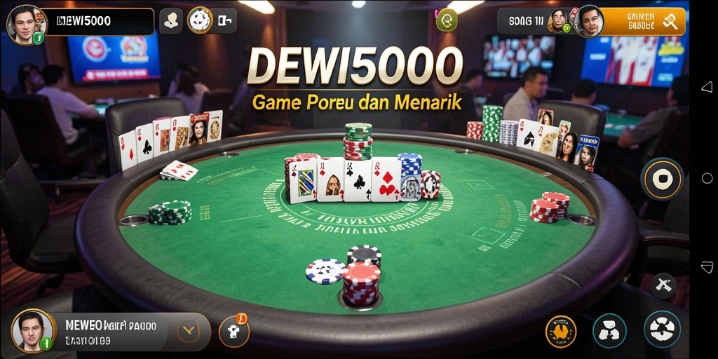Screenshot gameplay seru DEWI5000 menampilkan aksi poker yang mendebarkan.