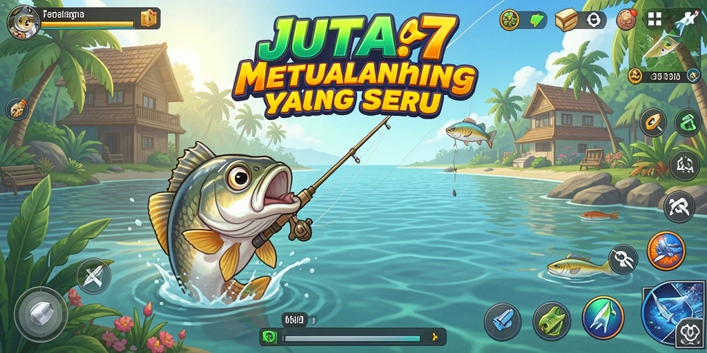 Tampilan gameplay JUTA7 yang menampilkan keseruan memancing di berbagai lokasi.