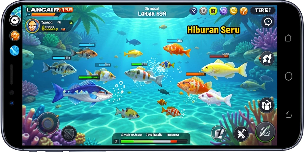 Tampilan gameplay seru dalam LANCAR138, menangkap ikan dengan berbagai senjata.