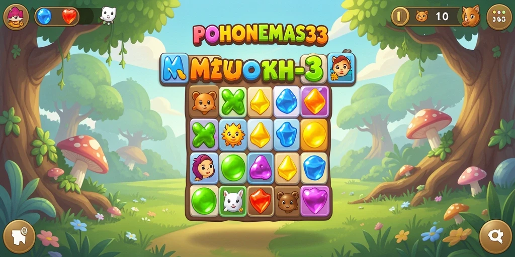 Screenshot gameplay POHONEMAS33 dengan aksi mencocokkan buah-buahan.
