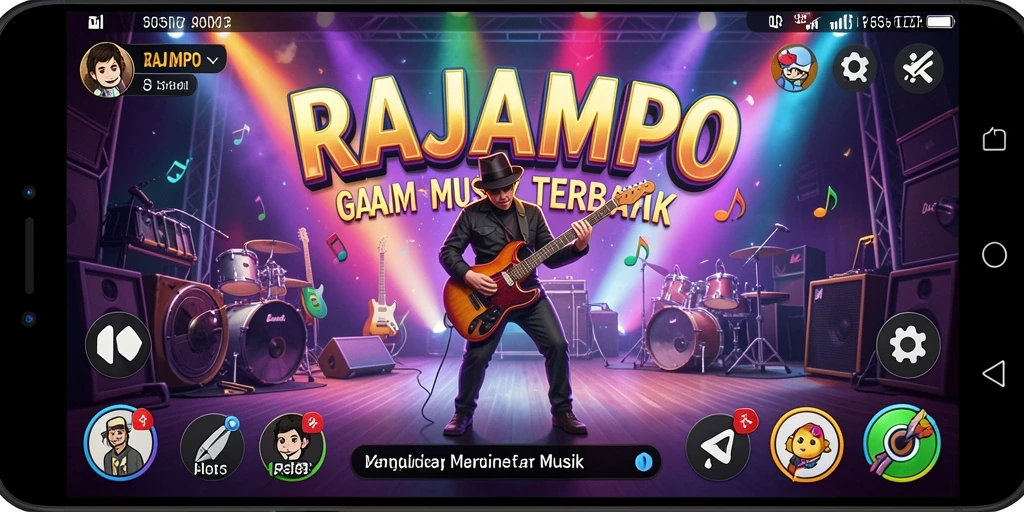 Tangkapan layar utama RAJAMPO yang menunjukkan gameplay musik yang menyenangkan.