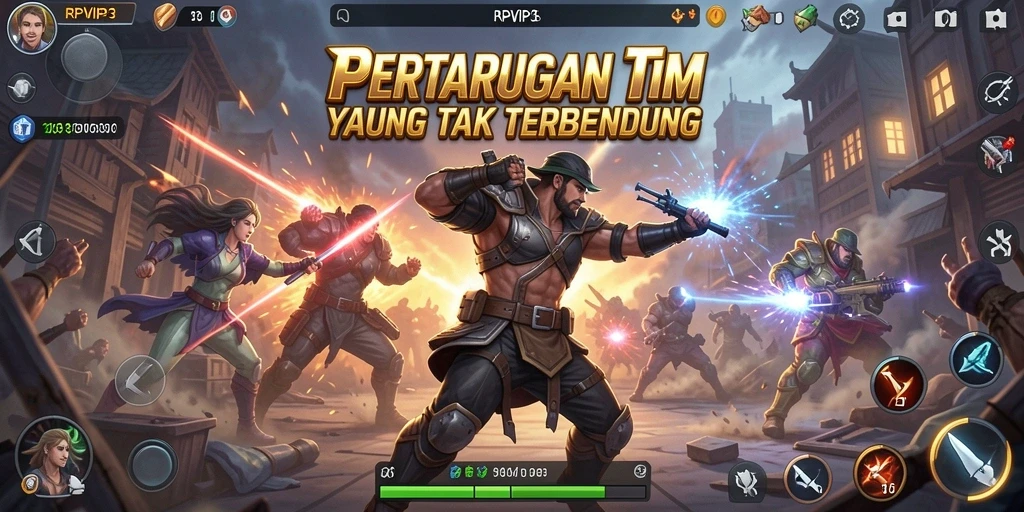 Screenshot utama RPVIP3 menampilkan aksi heroik dalam pertempuran MOBA.