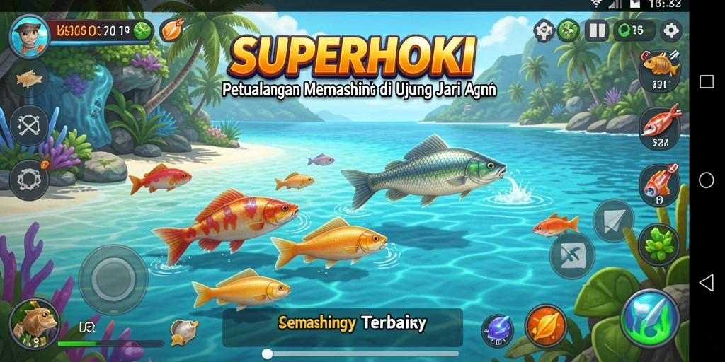 Screenshot SUPERHOKI menampilkan aksi menangkap ikan yang seru dan grafis memukau.