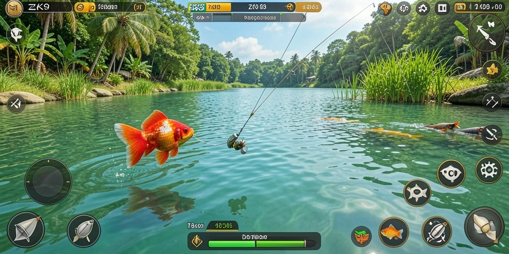 Screenshot gameplay ZK9 menunjukkan aksi memancing yang mendebarkan.